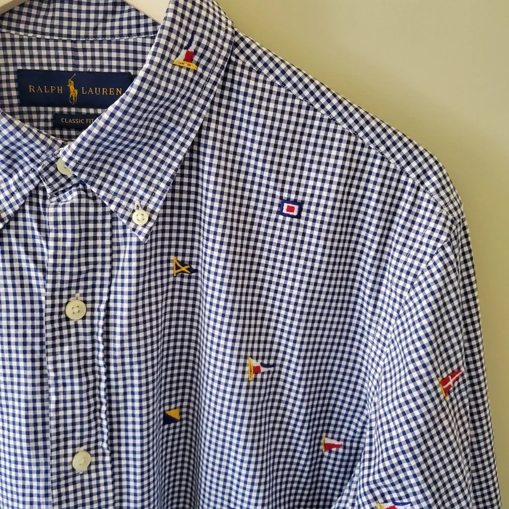Ralph Lauren L Classic Fit Check Gingham Flags Nautical Old Money Button Shirt - Picture 7 of 10